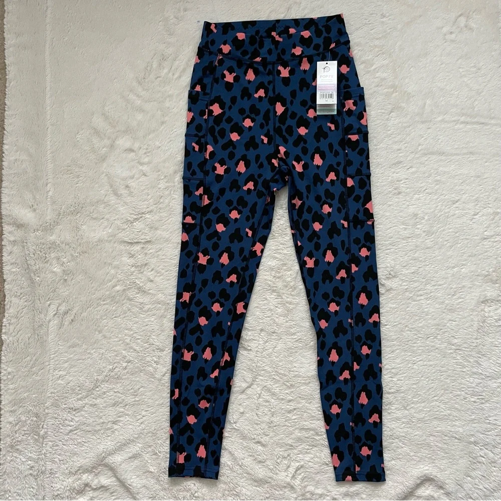 POP Fit Leggings Navy Blue Leopard Print Pockets Workout Gym Yoga Medium - Picture 1 of 9